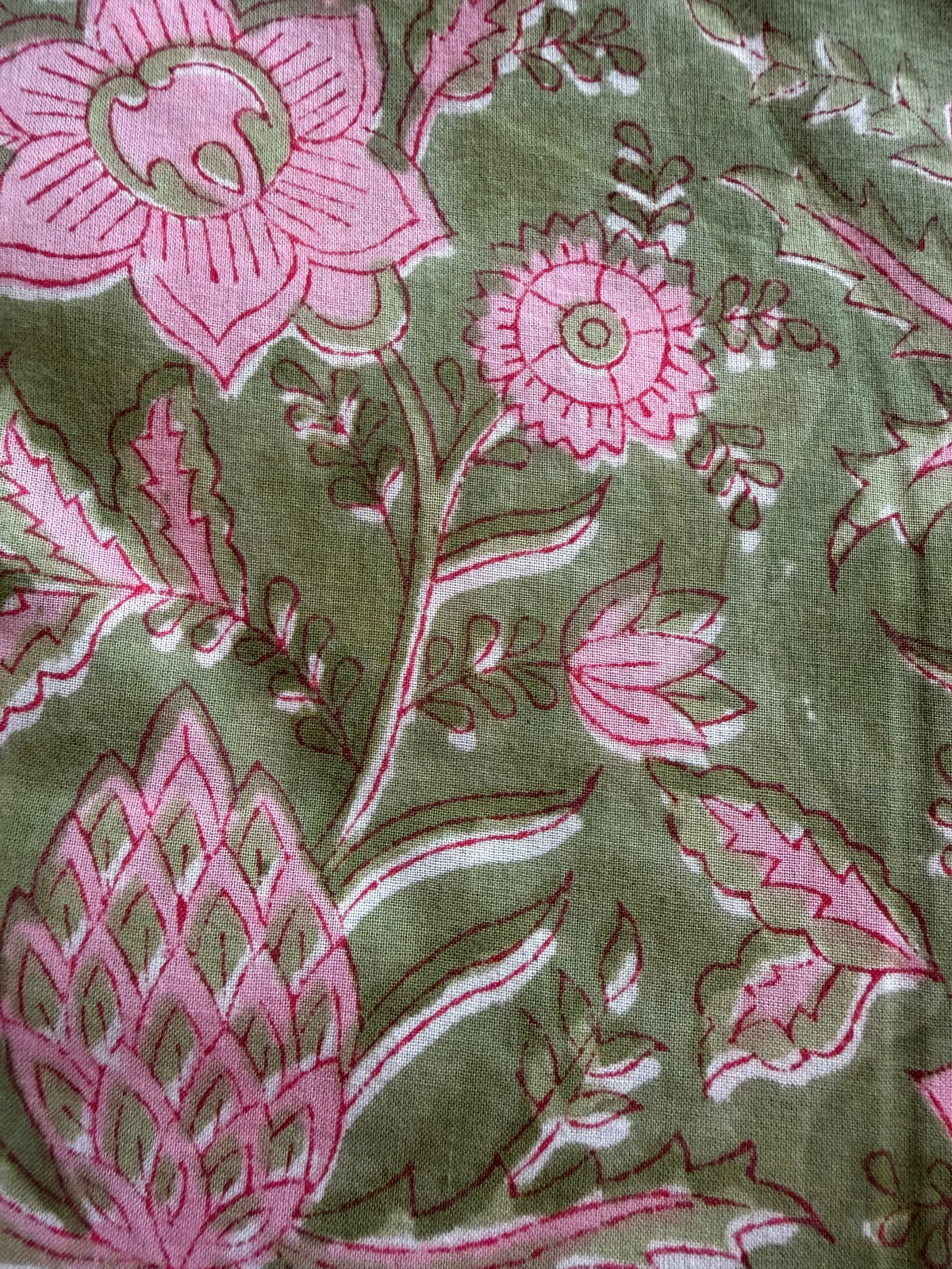Block Print Cotton Fabric – Green Pink with Border