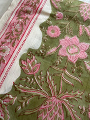 Block Print Cotton Fabric – Green Pink with Border