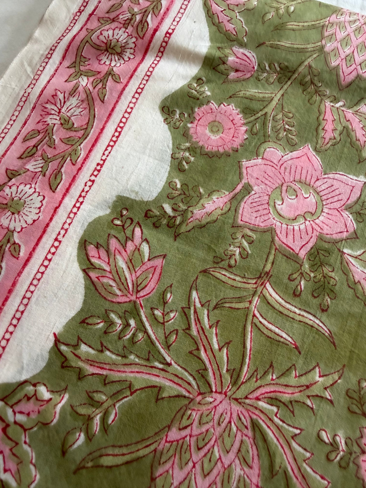 Block Print Cotton Fabric – Green Pink with Border