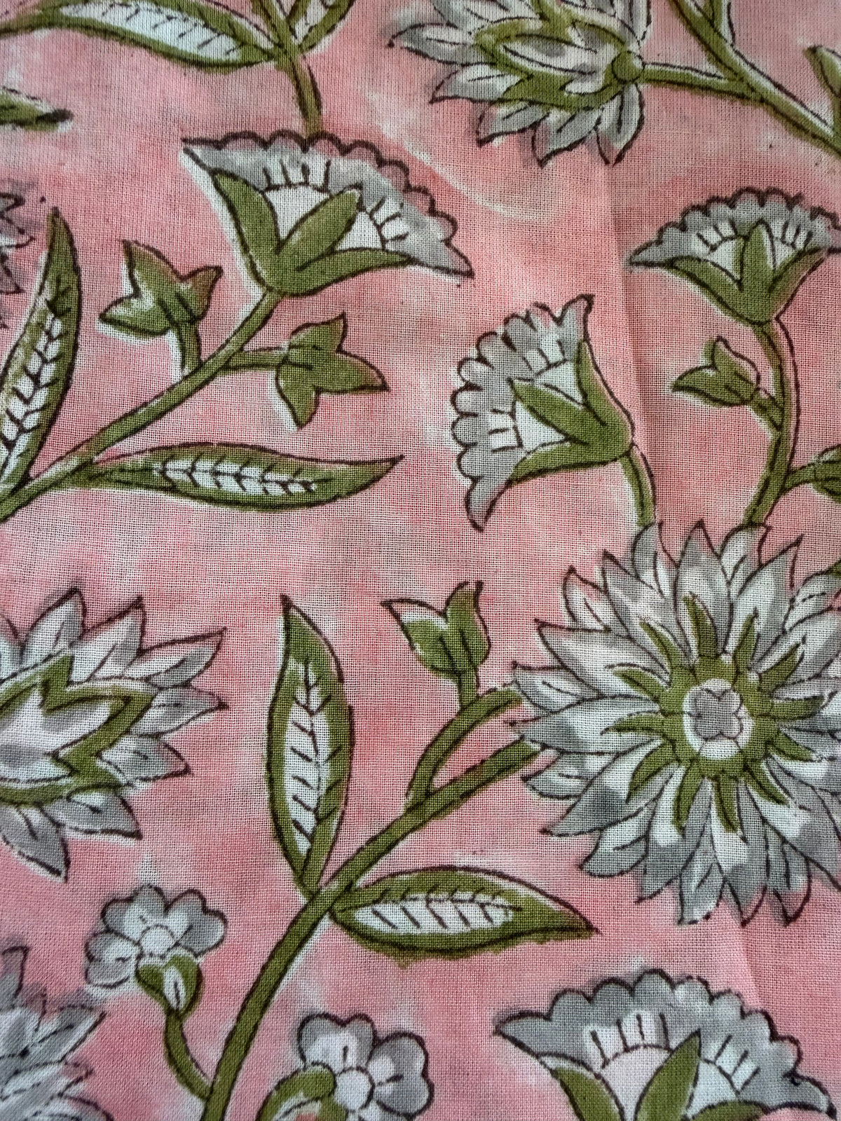 Block Print Cotton Fabric – Green White Floral
