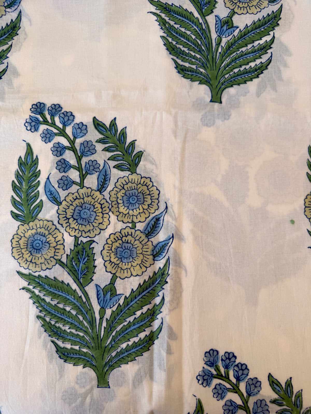 Block Print Cotton Fabric – Large Blue, Green & Yellow Floral