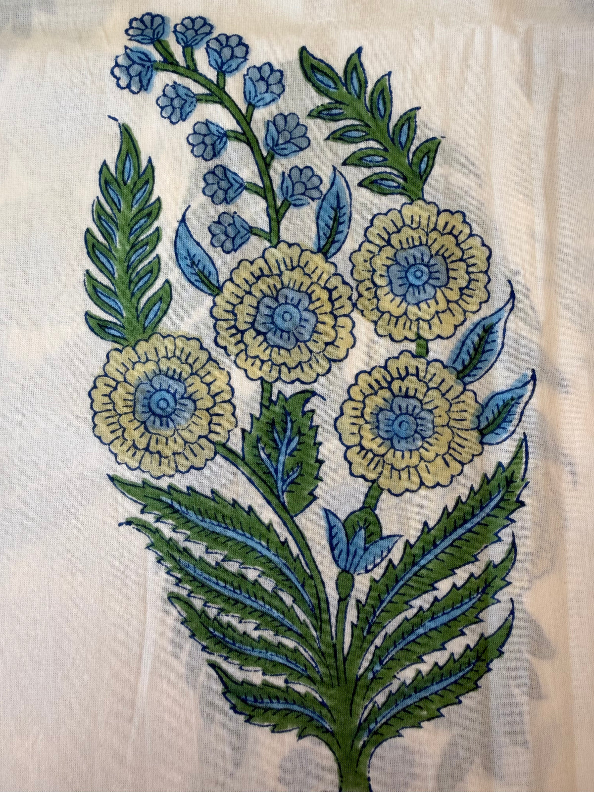 Block Print Cotton Fabric – Large Blue, Green & Yellow Floral