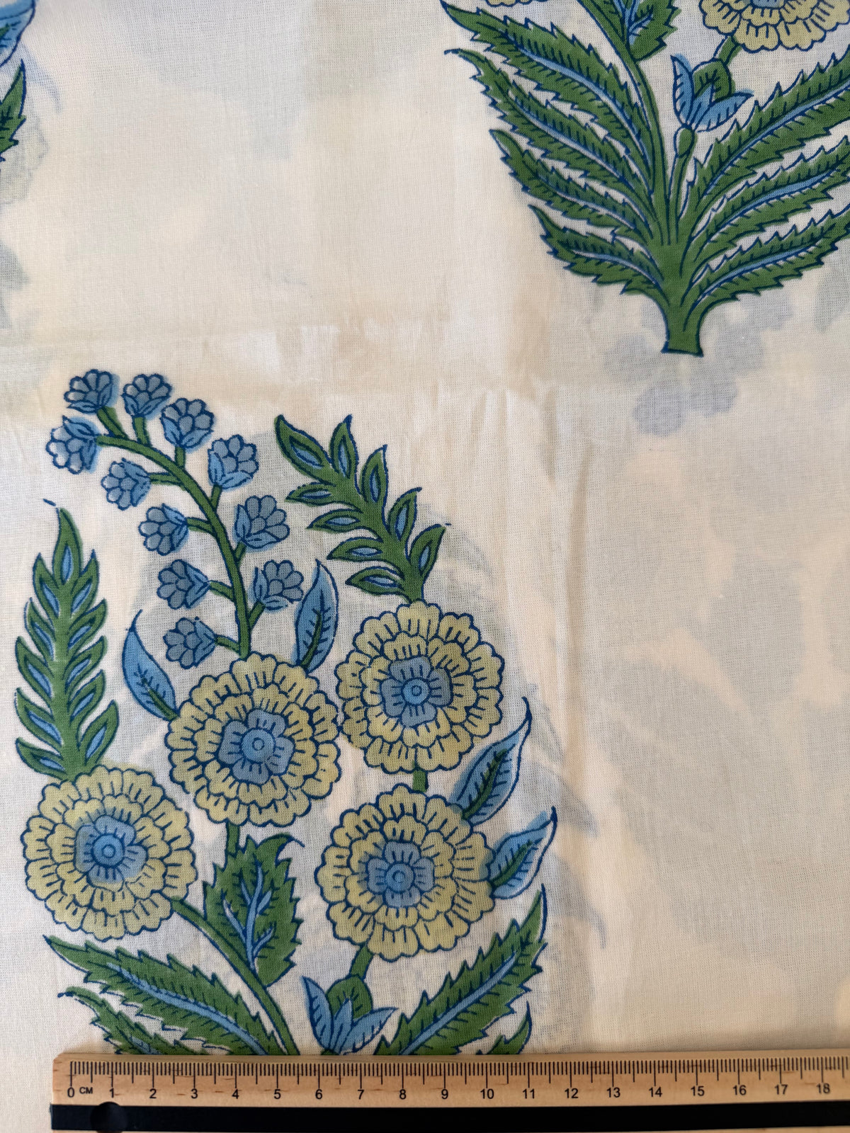 Block Print Cotton Fabric – Large Blue, Green & Yellow Floral