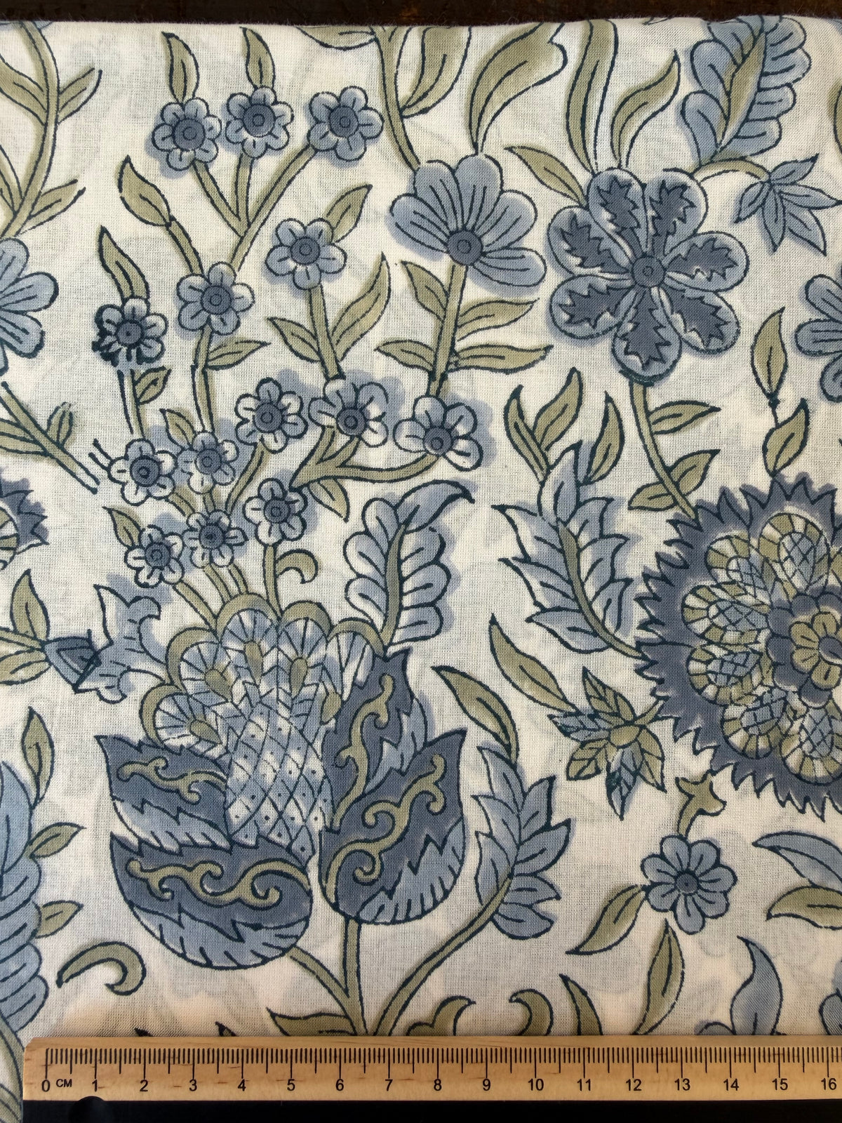 Block Print Cotton Fabric – Large Floral – Slate Blue