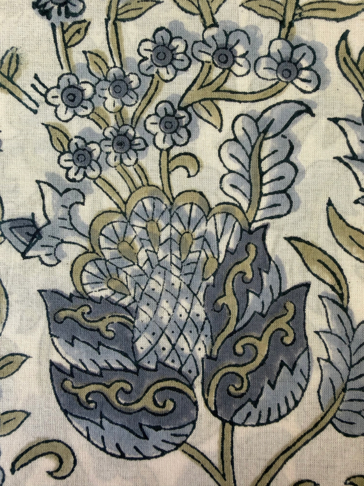 Block Print Cotton Fabric – Large Floral – Slate Blue