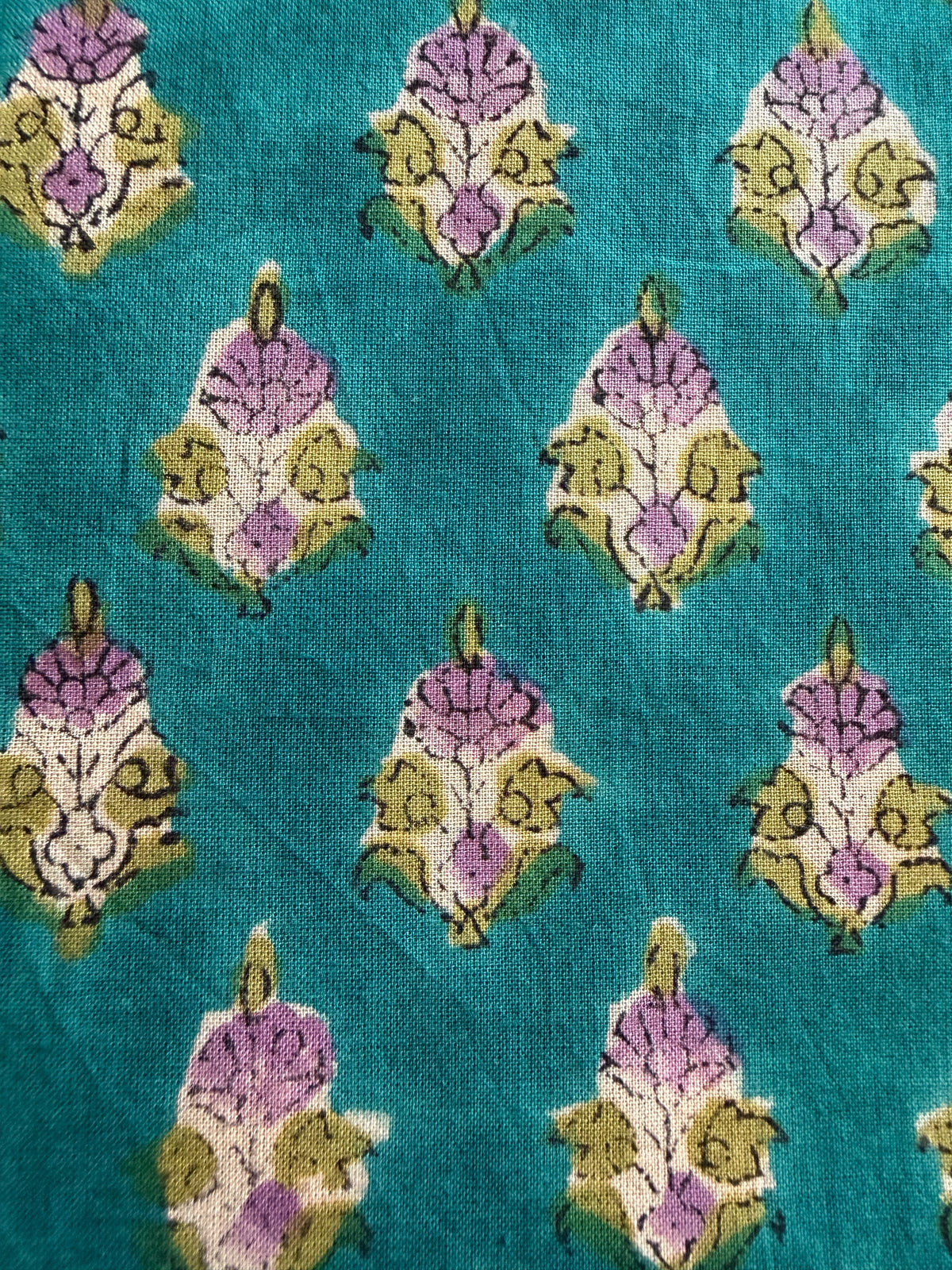 Block Print Cotton Fabric – Mauve Small Floral on Turquoise