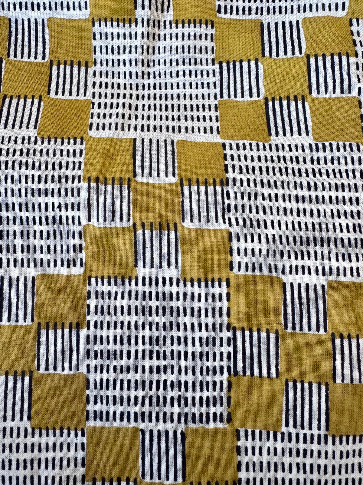 Block Print Cotton Fabric – Mustard With Black & White Abstract Squares