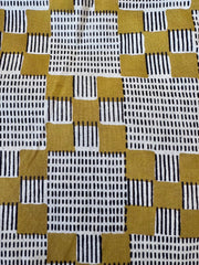 Block Print Cotton Fabric – Mustard With Black & White Abstract Squares