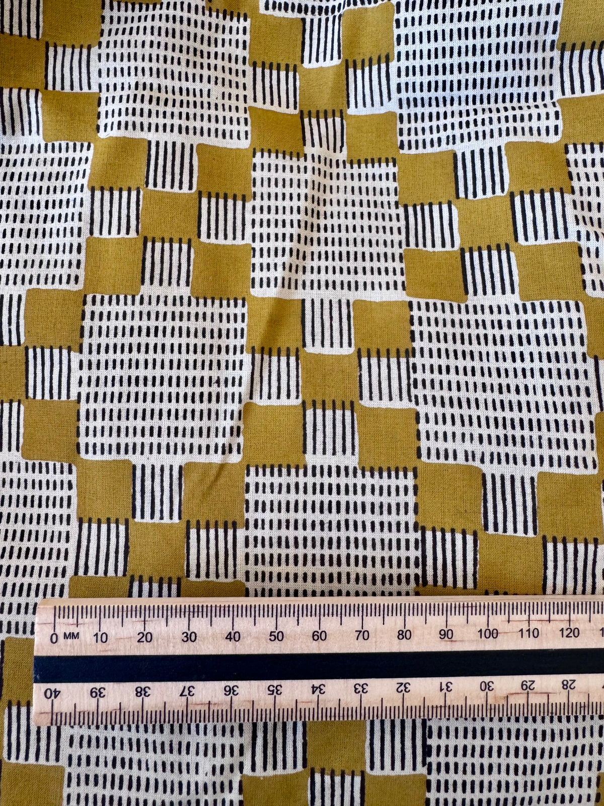 Block Print Cotton Fabric – Mustard With Black & White Abstract Squares