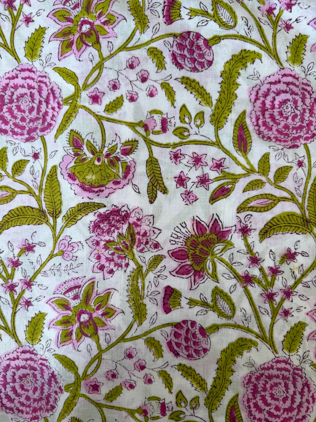 Block Print Cotton Fabric – Pink & Lime Floral