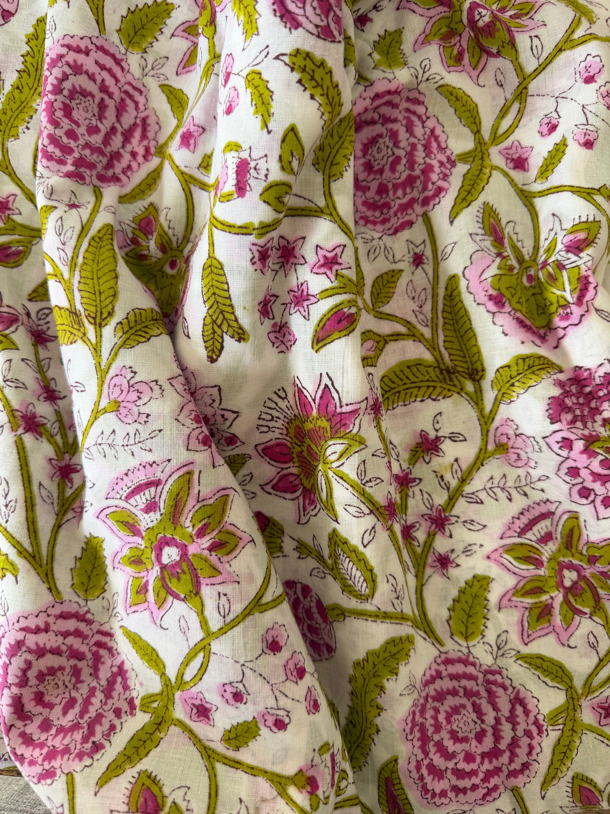 Block Print Cotton Fabric – Pink & Lime Floral