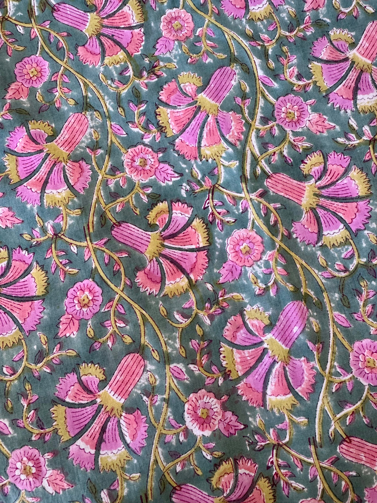 Block Print Cotton Fabric – Pink Bell Floral – close-up detail