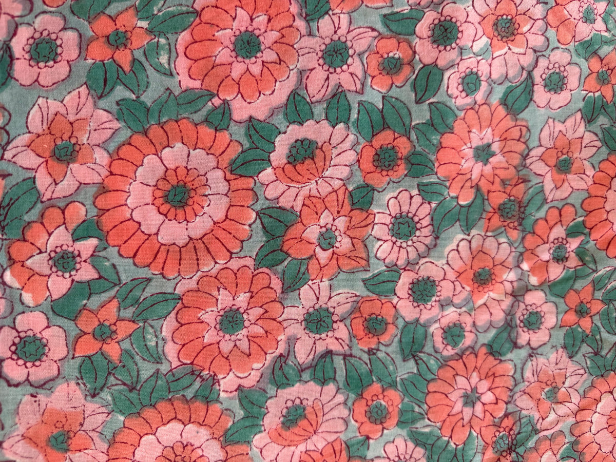 Block Print Cotton Fabric – Pink Green Floral