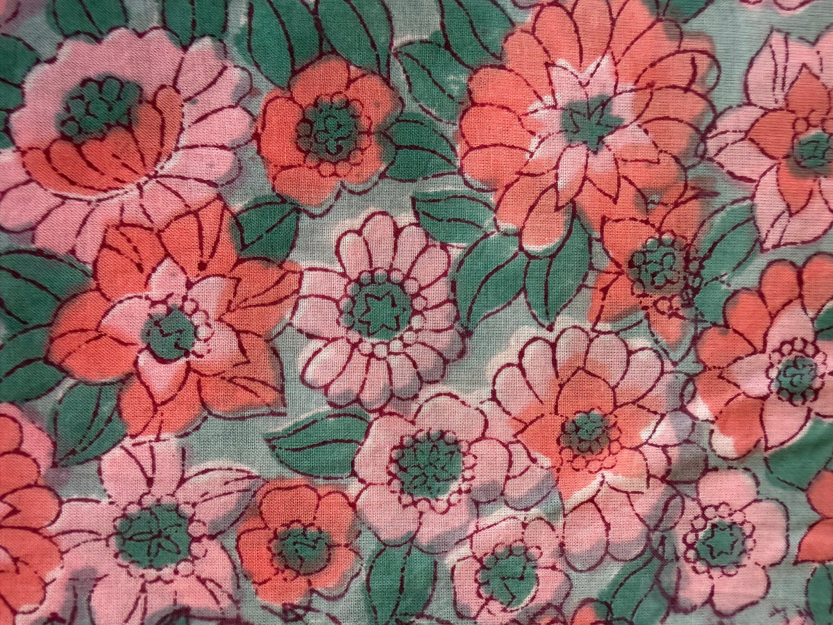 Block Print Cotton Fabric – Pink Green Floral
