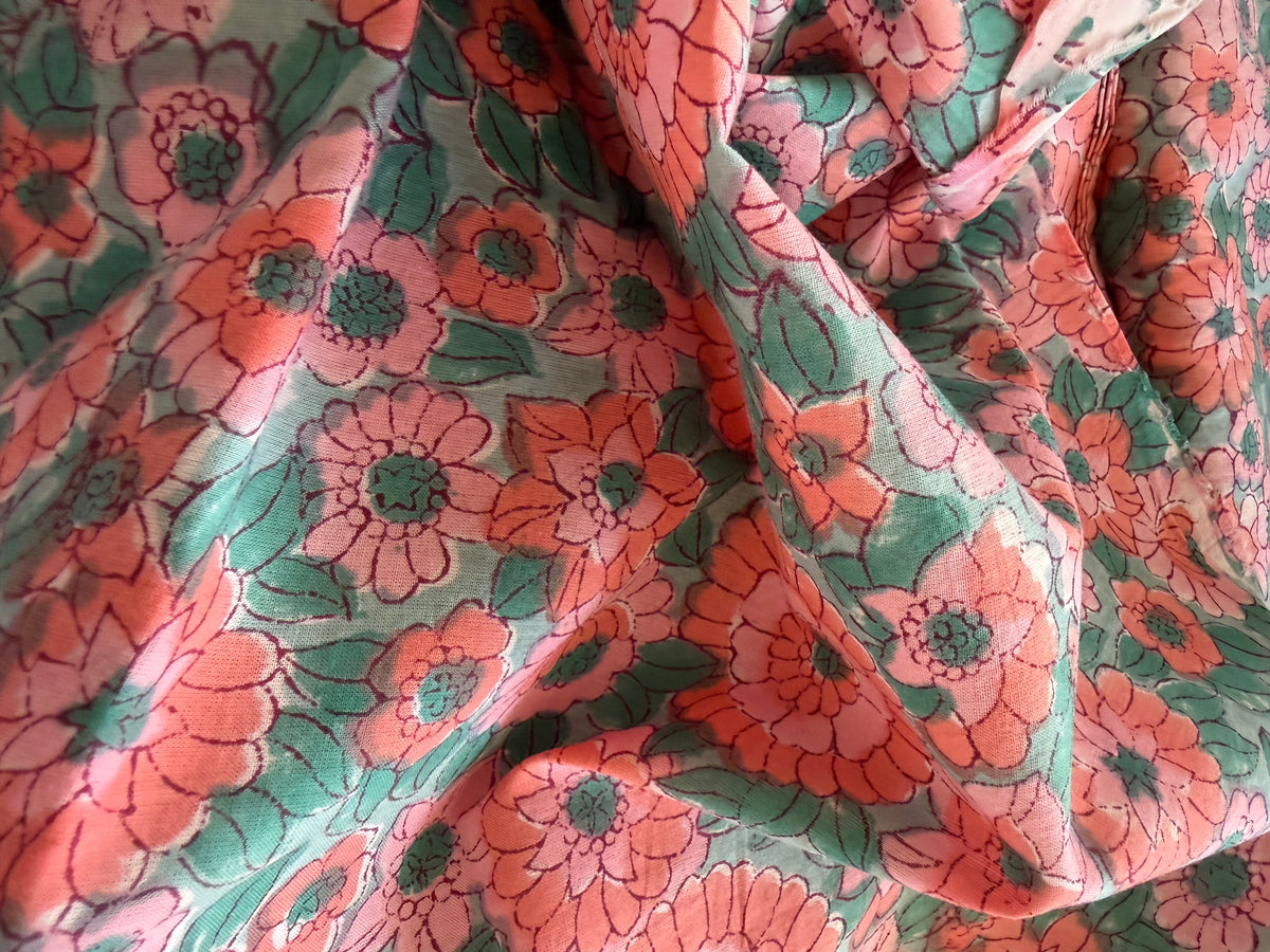 Block Print Cotton Fabric – Pink Green Floral