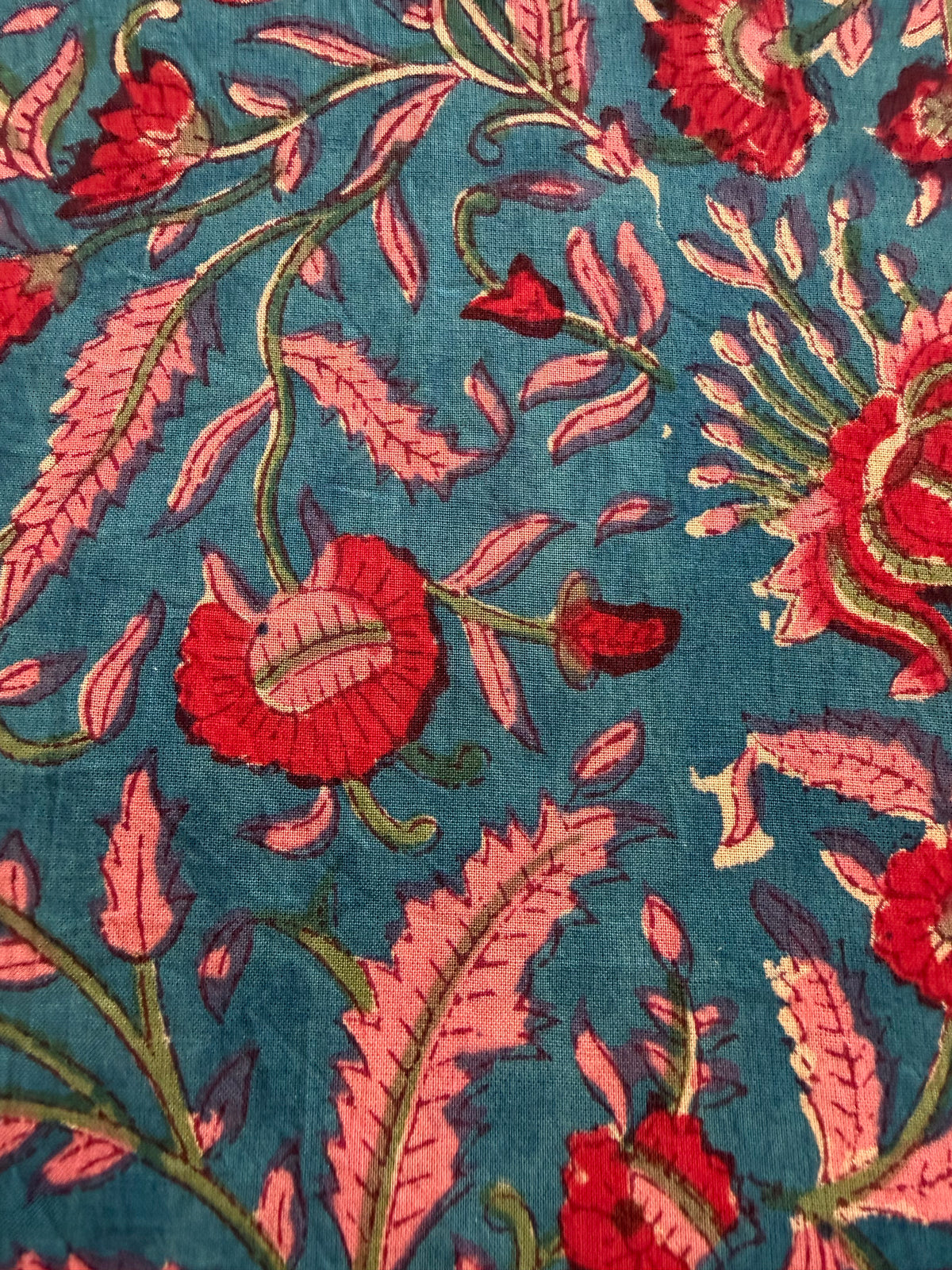 Block Print Cotton Fabric – Pink on Turquoise
