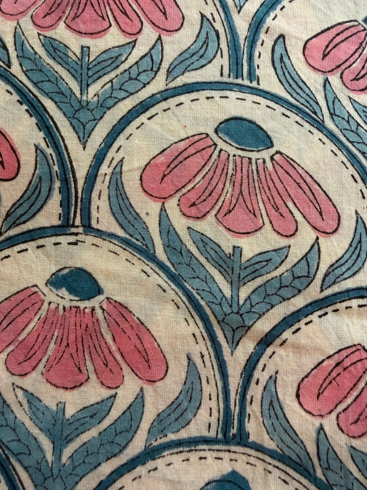 Block Print Cotton Fabric – Pink on Turquoise & Cream