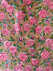Block Print Cotton Fabric – Pink Roses on Brown Background