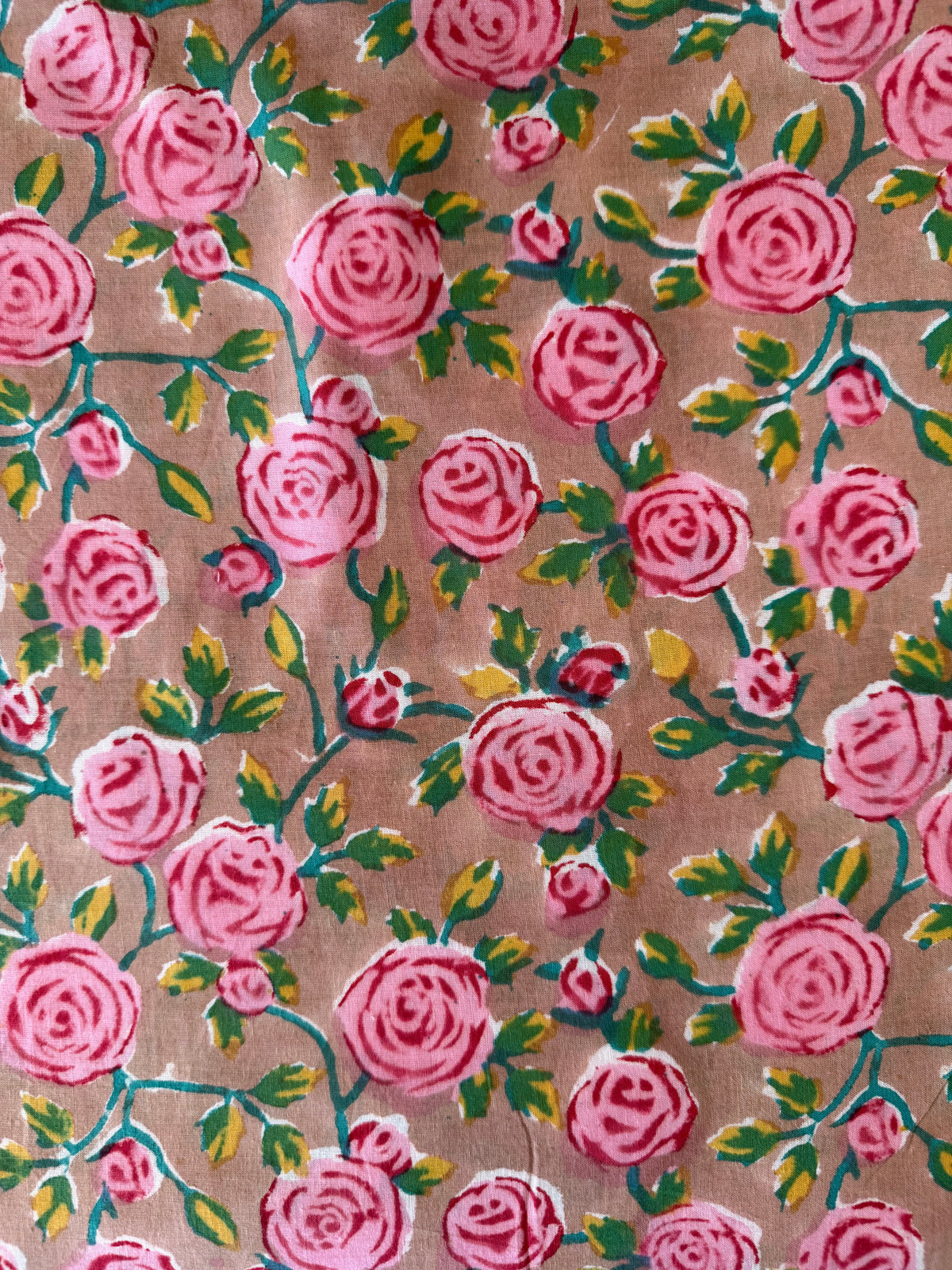 Block Print Cotton Fabric – Pink Roses on Brown Background