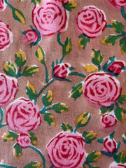 Block Print Cotton Fabric – Pink Roses on Brown Background