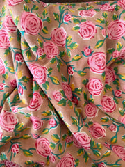 Block Print Cotton Fabric – Pink Roses on Brown Background