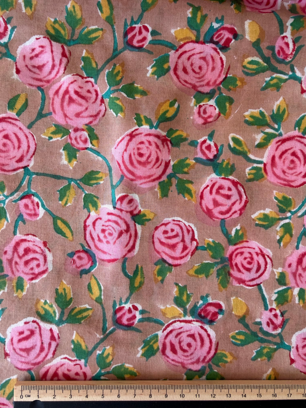 Block Print Cotton Fabric – Pink Roses on Brown Background
