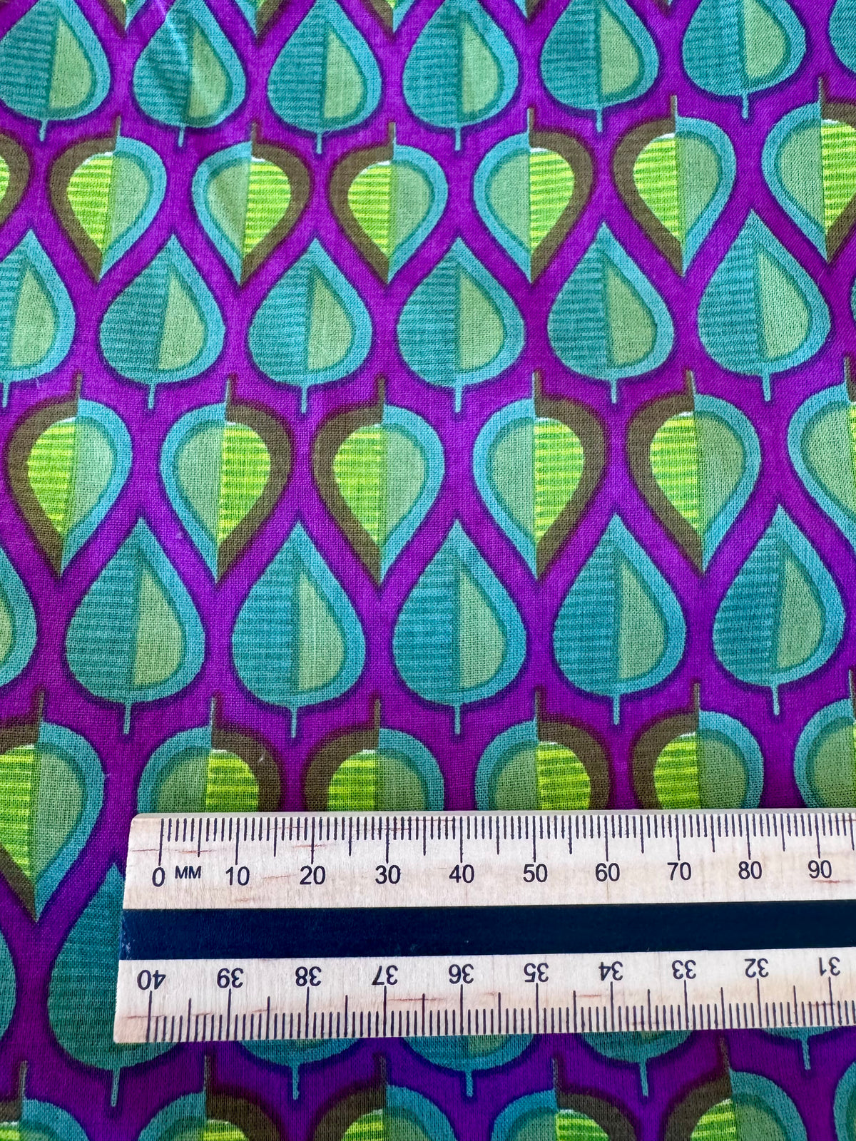 Block Print Cotton Fabric – Purple & Green Leaves