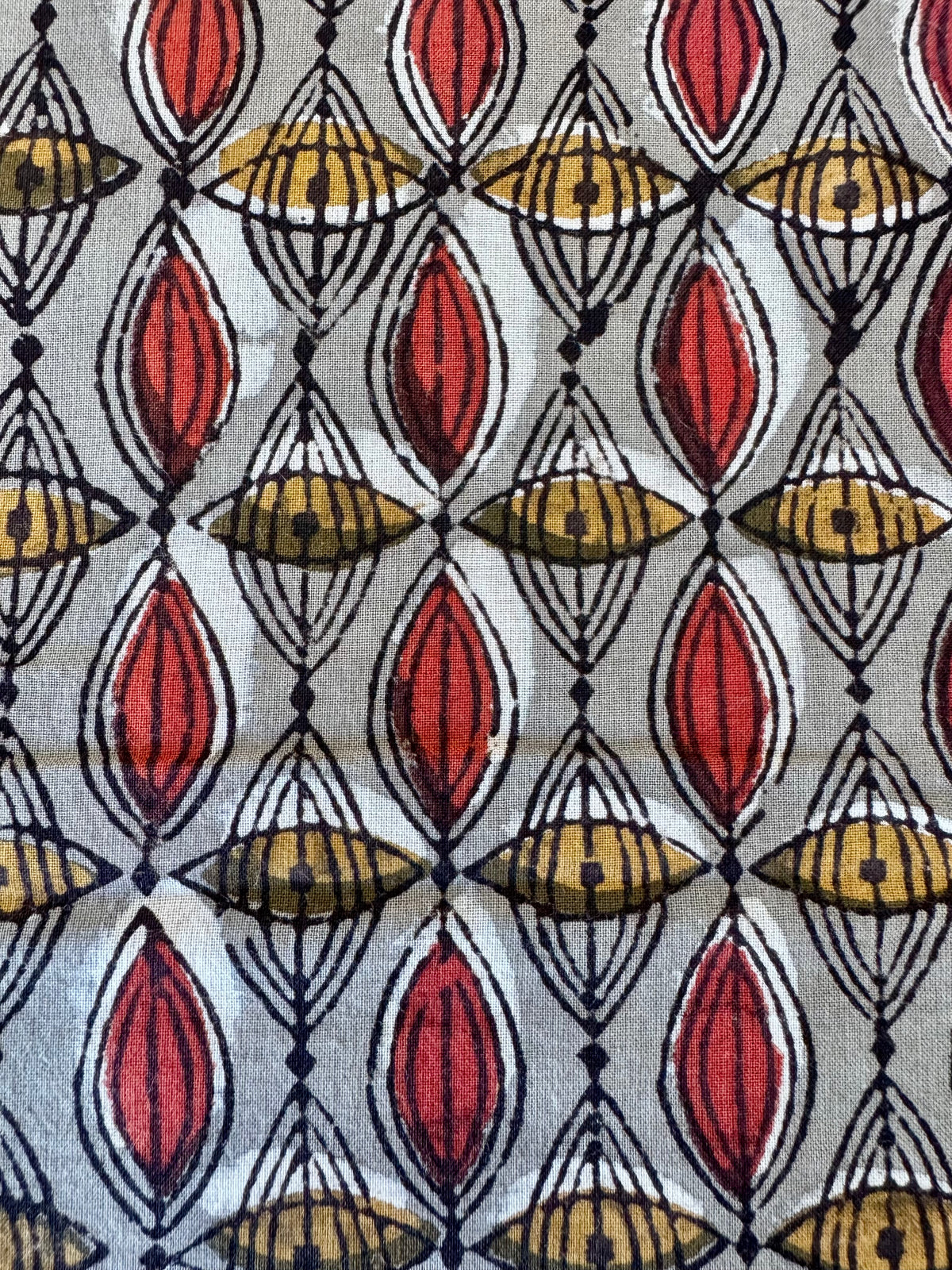 Block Print Cotton Fabric – Red & Yellow Pattern on Grey