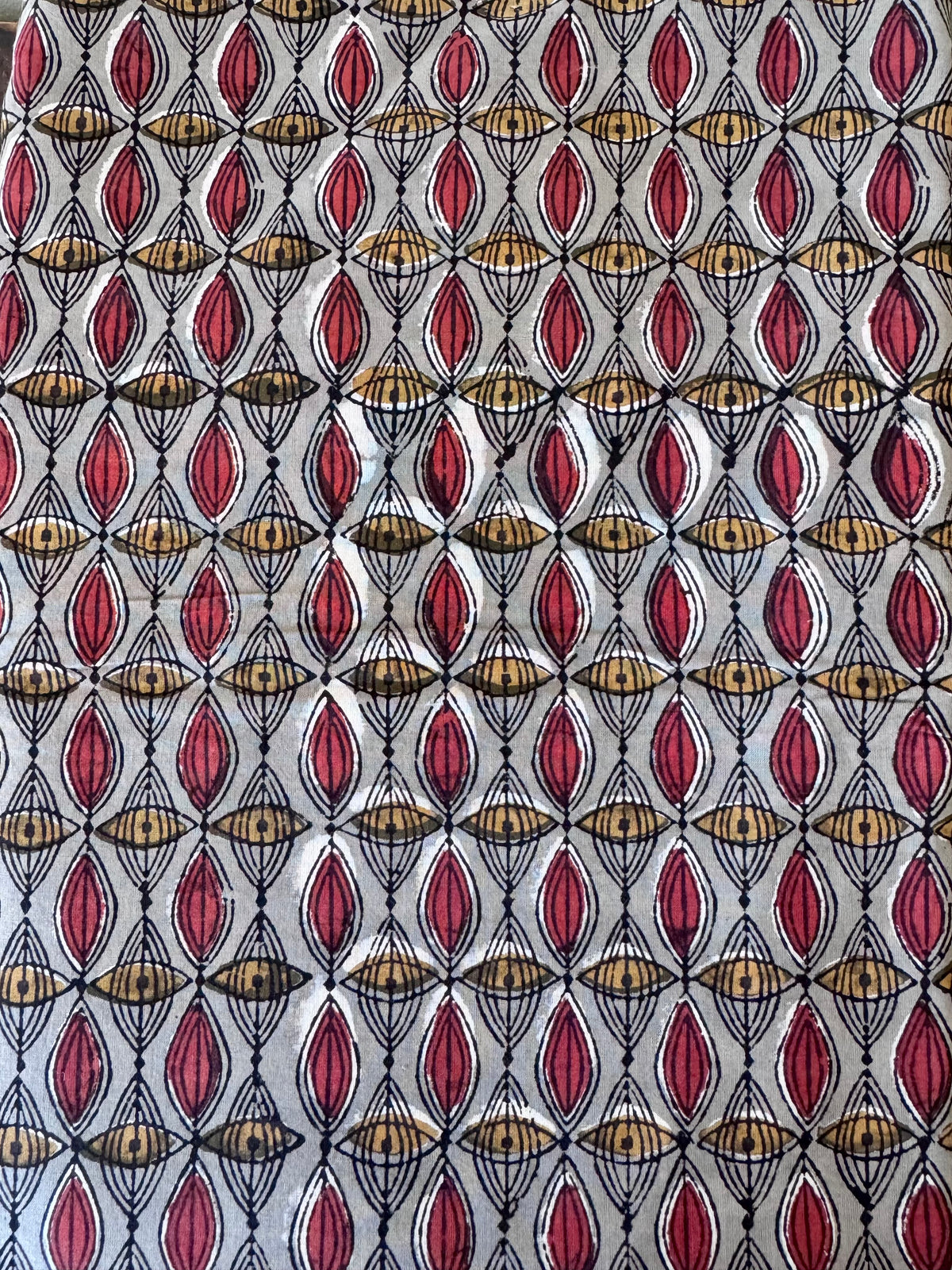 Block Print Cotton Fabric – Red & Yellow Pattern on Grey