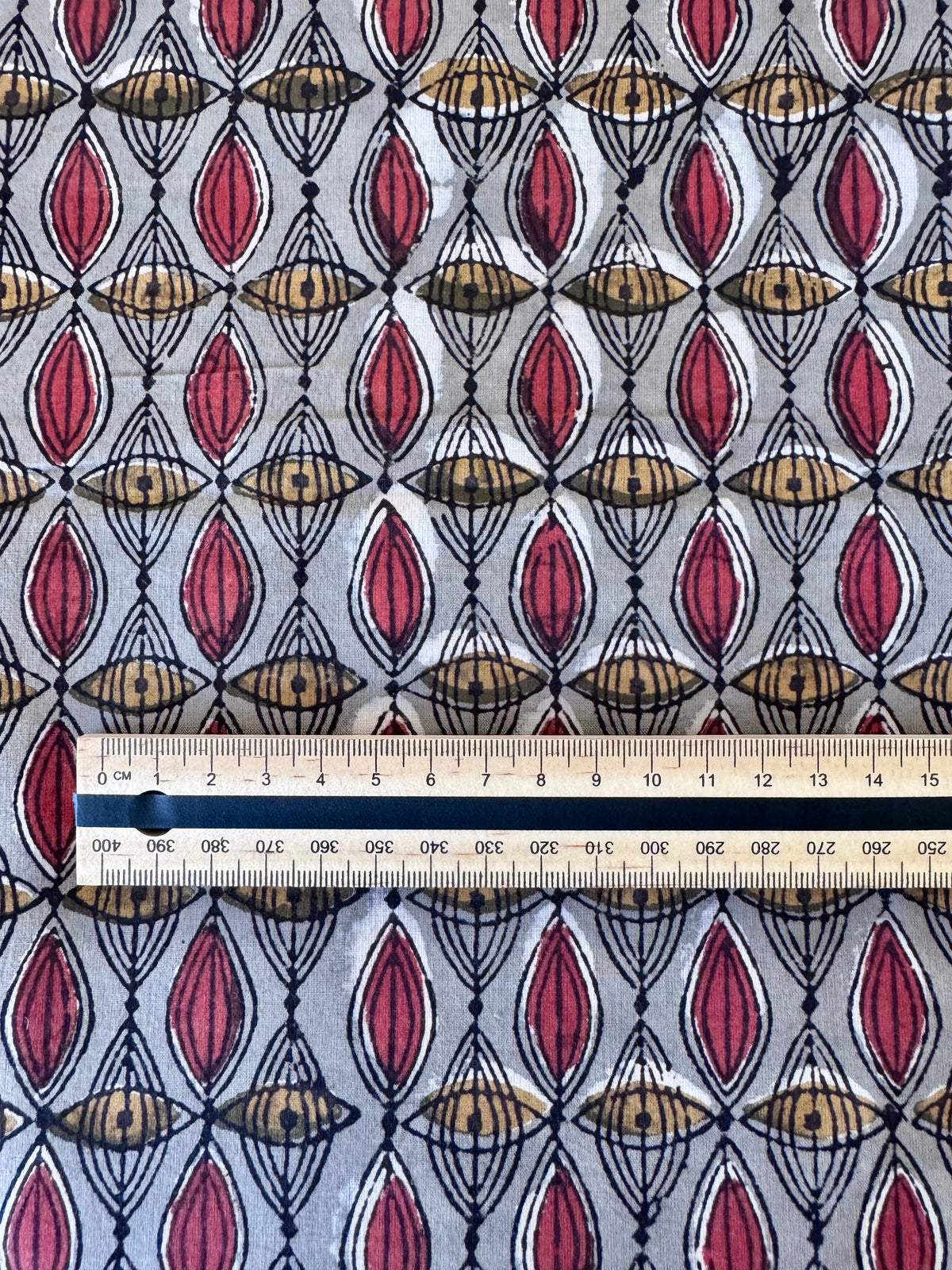 Block Print Cotton Fabric – Red & Yellow Pattern on Grey