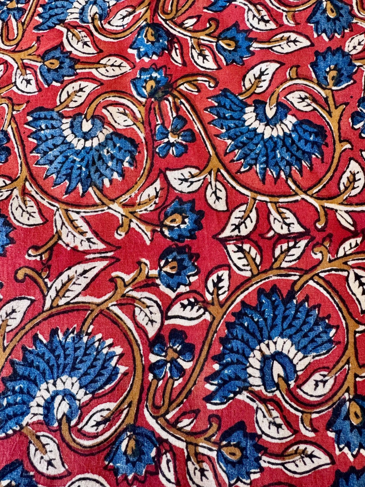 Block Print Cotton Fabric – Red with Blue & Mustard Floral