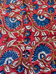 Block Print Cotton Fabric – Red with Blue & Mustard Floral