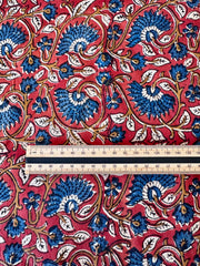 Block Print Cotton Fabric – Red with Blue & Mustard Floral