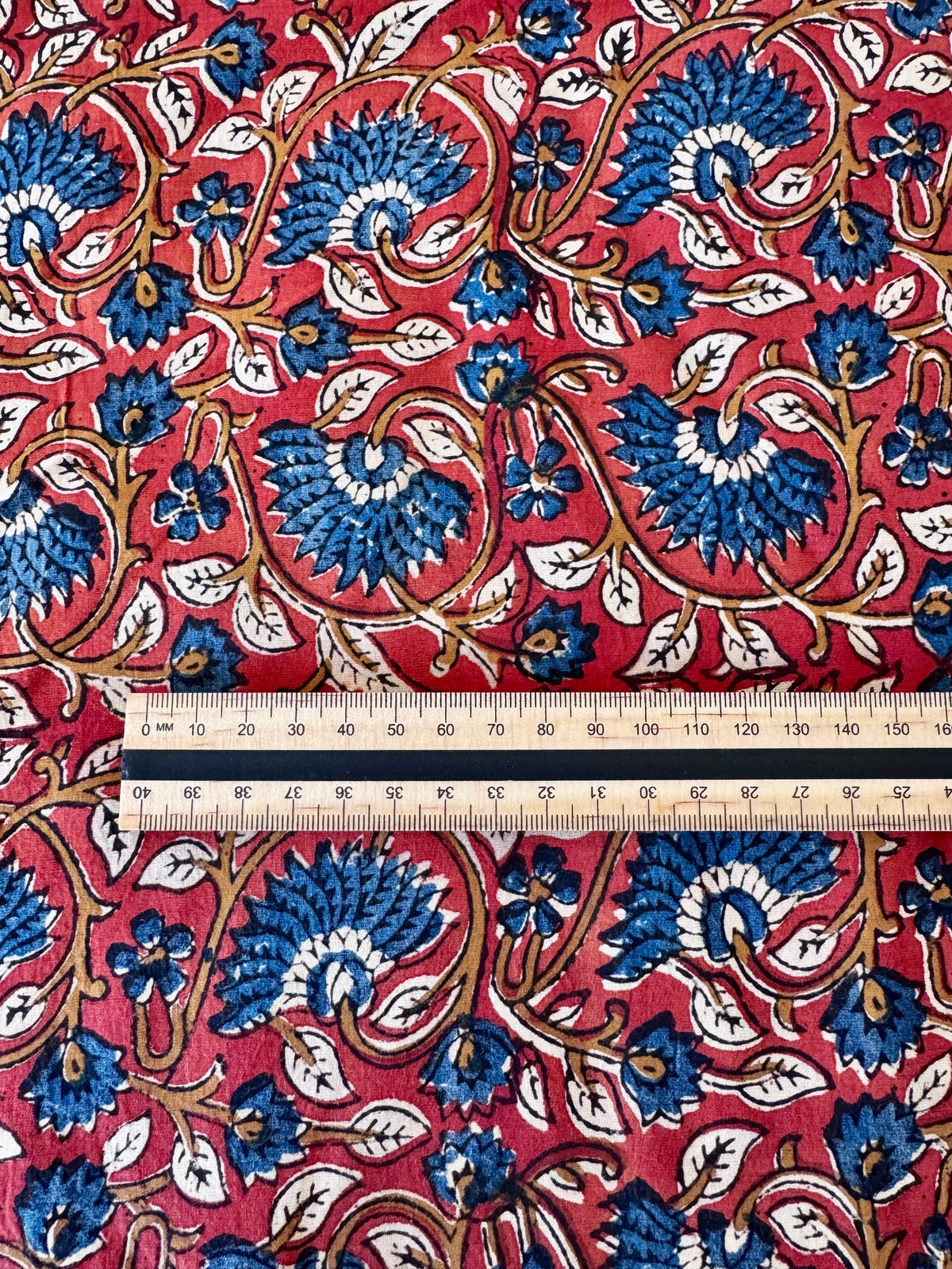 Block Print Cotton Fabric – Red with Blue & Mustard Floral