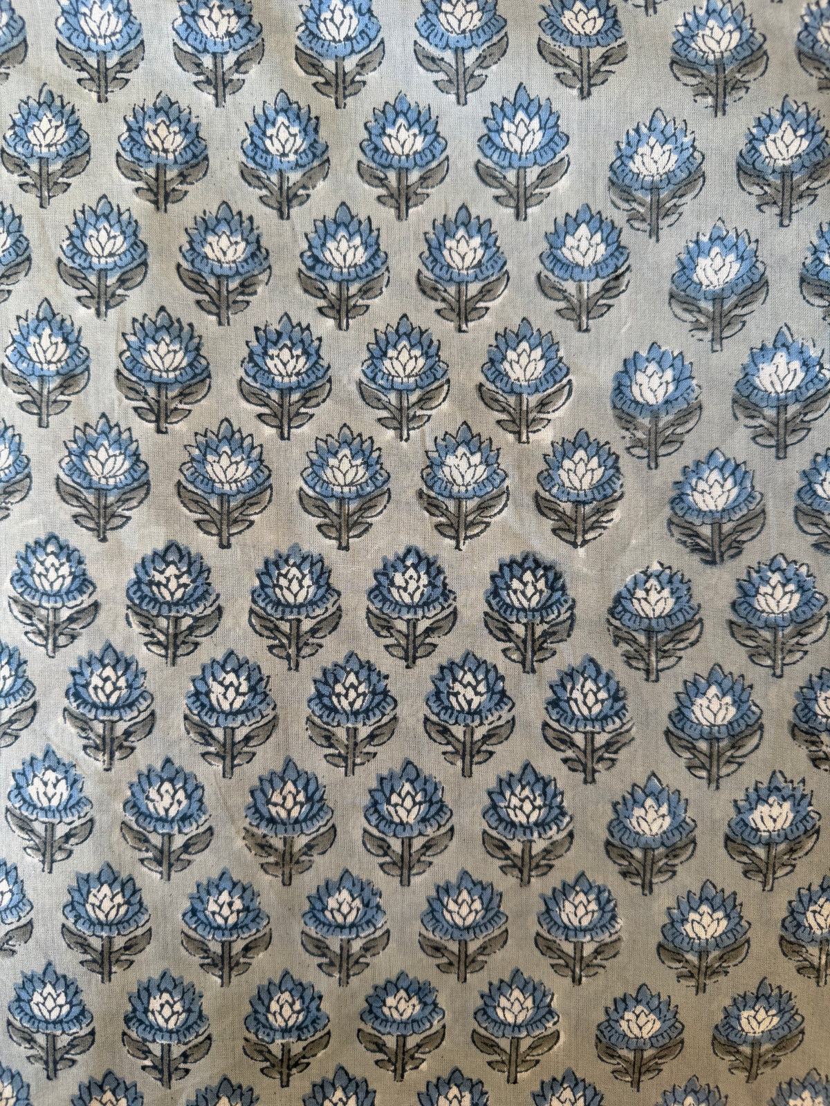 Block Print Cotton Fabric – Small Floral – Slate Blue On Grey