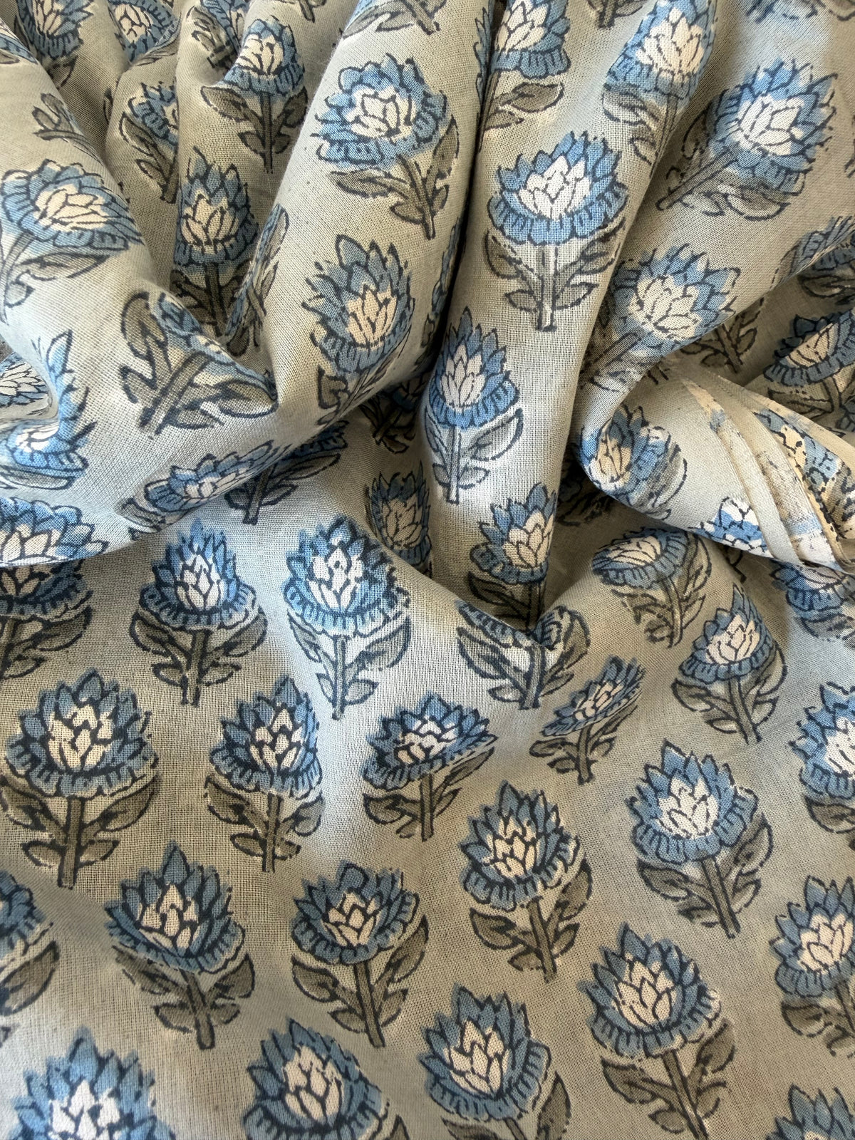 Block Print Cotton Fabric – Small Floral – Slate Blue On Grey