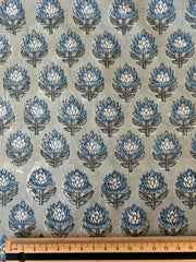 Block Print Cotton Fabric – Small Floral – Slate Blue On Grey
