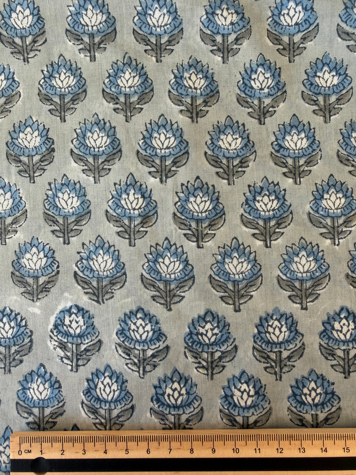 Block Print Cotton Fabric – Small Floral – Slate Blue On Grey