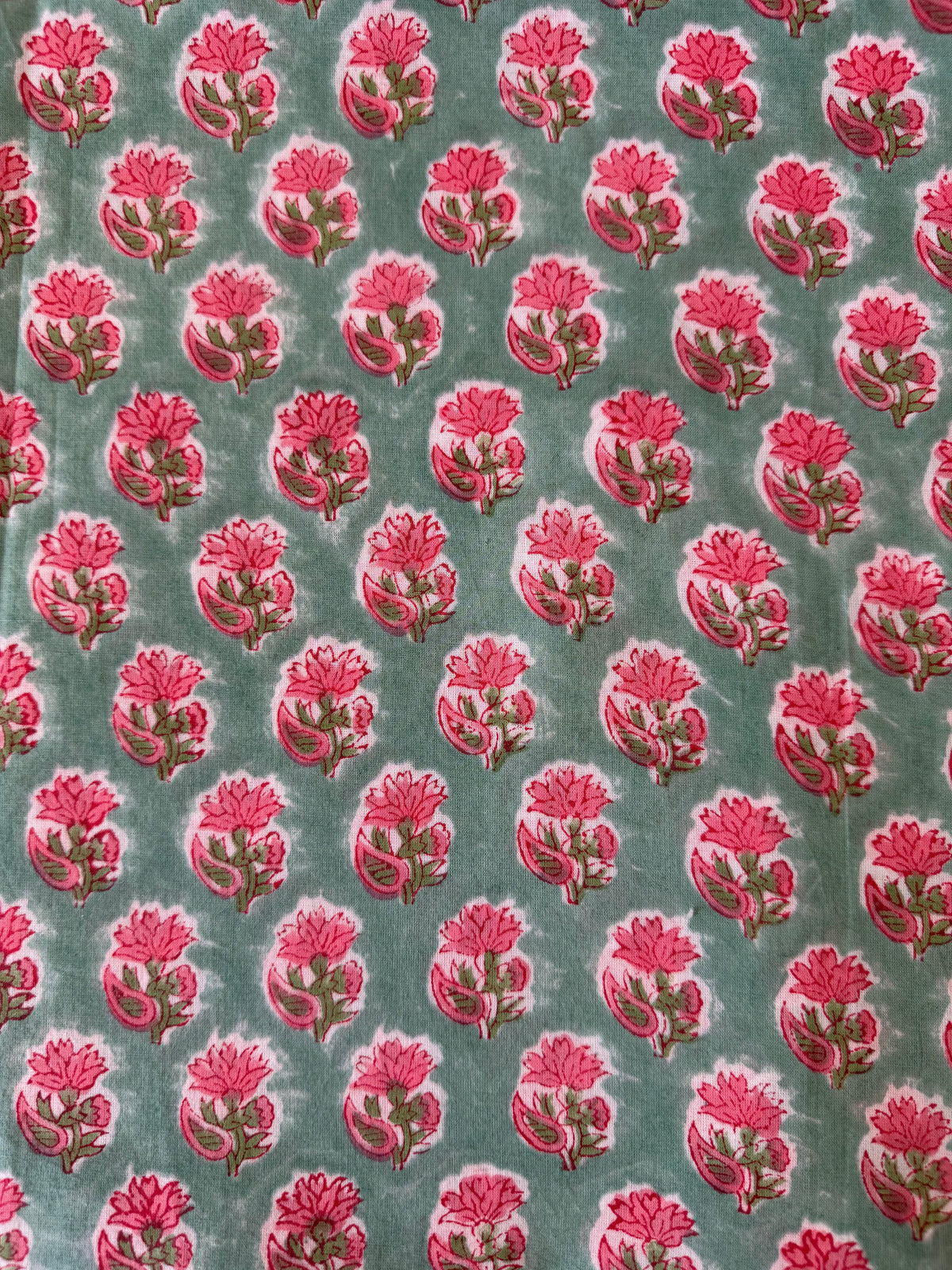 Block Print Cotton Fabric – Turquoise With Small Pink Floral