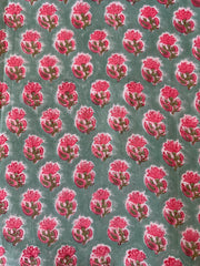 Block Print Cotton Fabric – Turquoise With Small Pink Floral