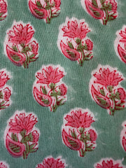 Block Print Cotton Fabric – Turquoise With Small Pink Floral