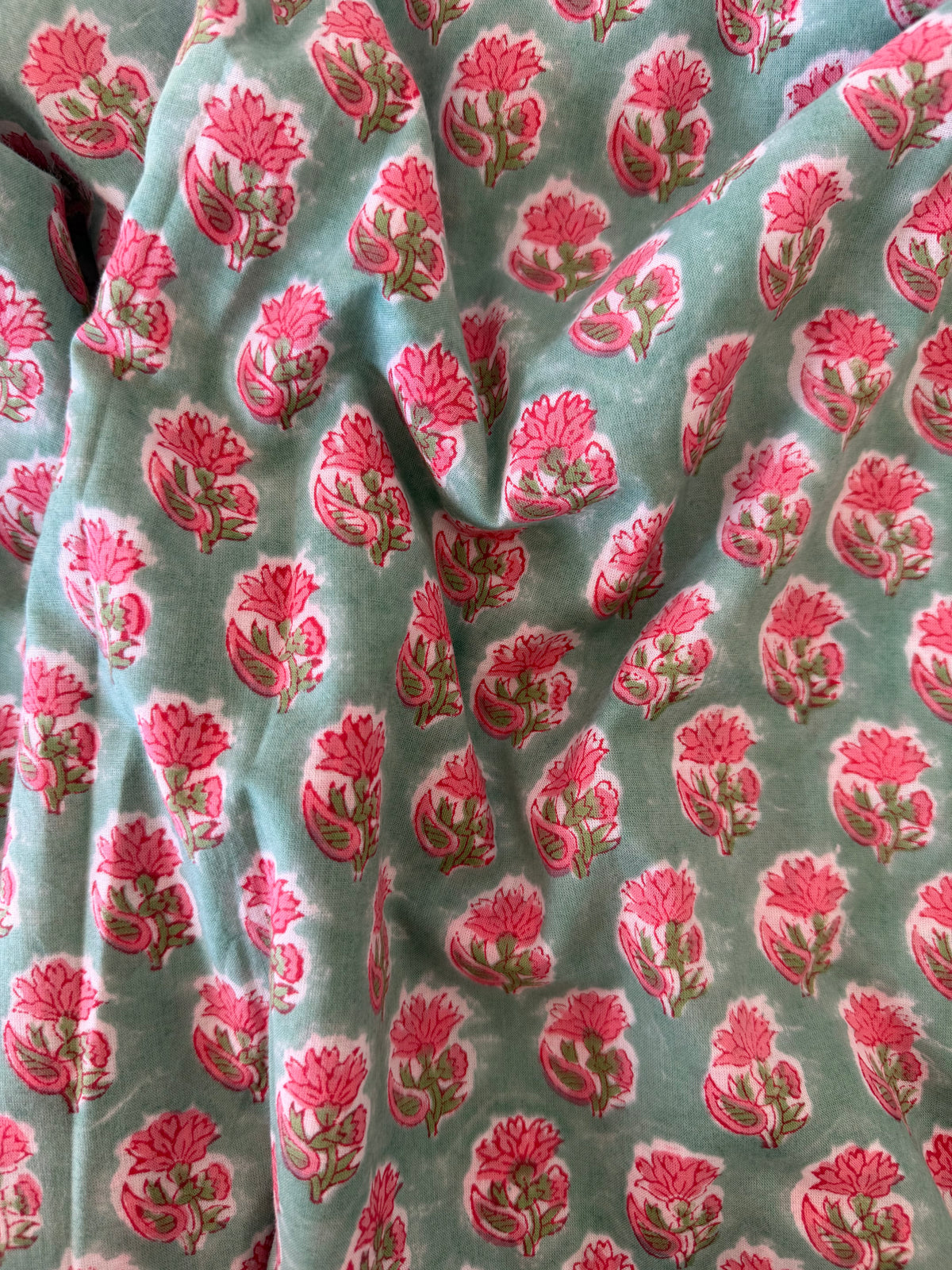Block Print Cotton Fabric – Turquoise With Small Pink Floral