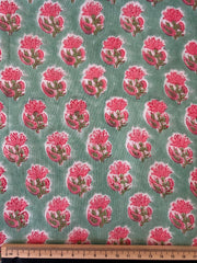 Block Print Cotton Fabric – Turquoise With Small Pink Floral