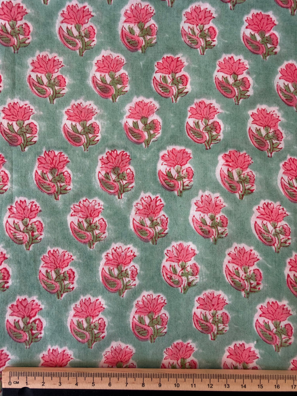 Block Print Cotton Fabric – Turquoise With Small Pink Floral