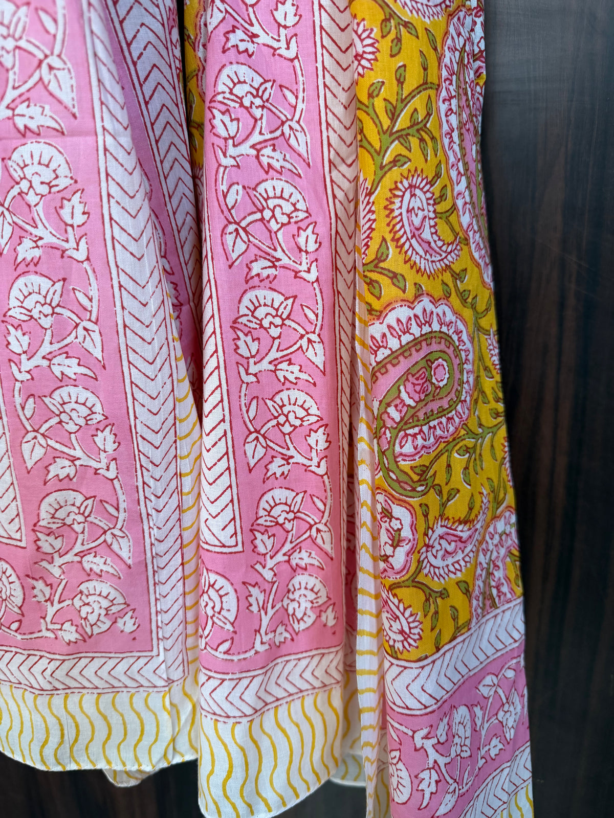 Block Print Cotton Sarong – Yellow with Pink & Green Paisley