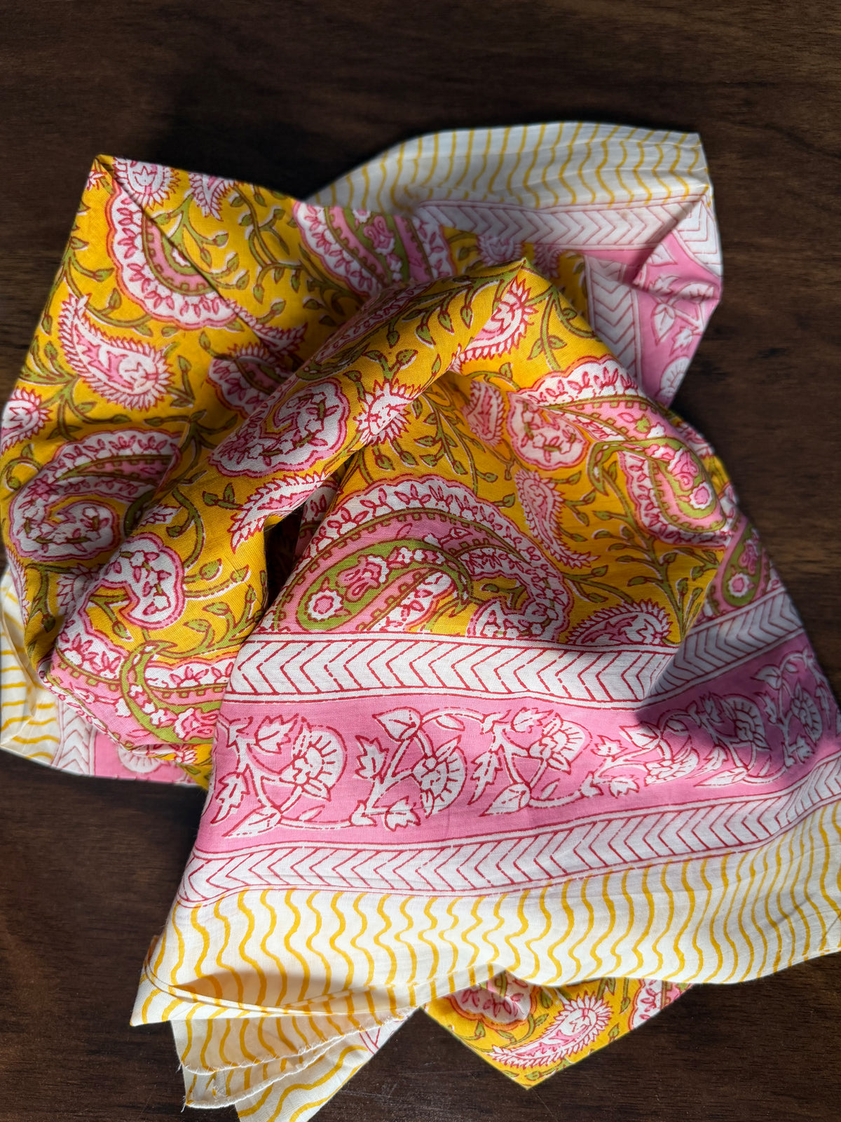 Block Print Cotton Sarong – Yellow with Pink & Green Paisley