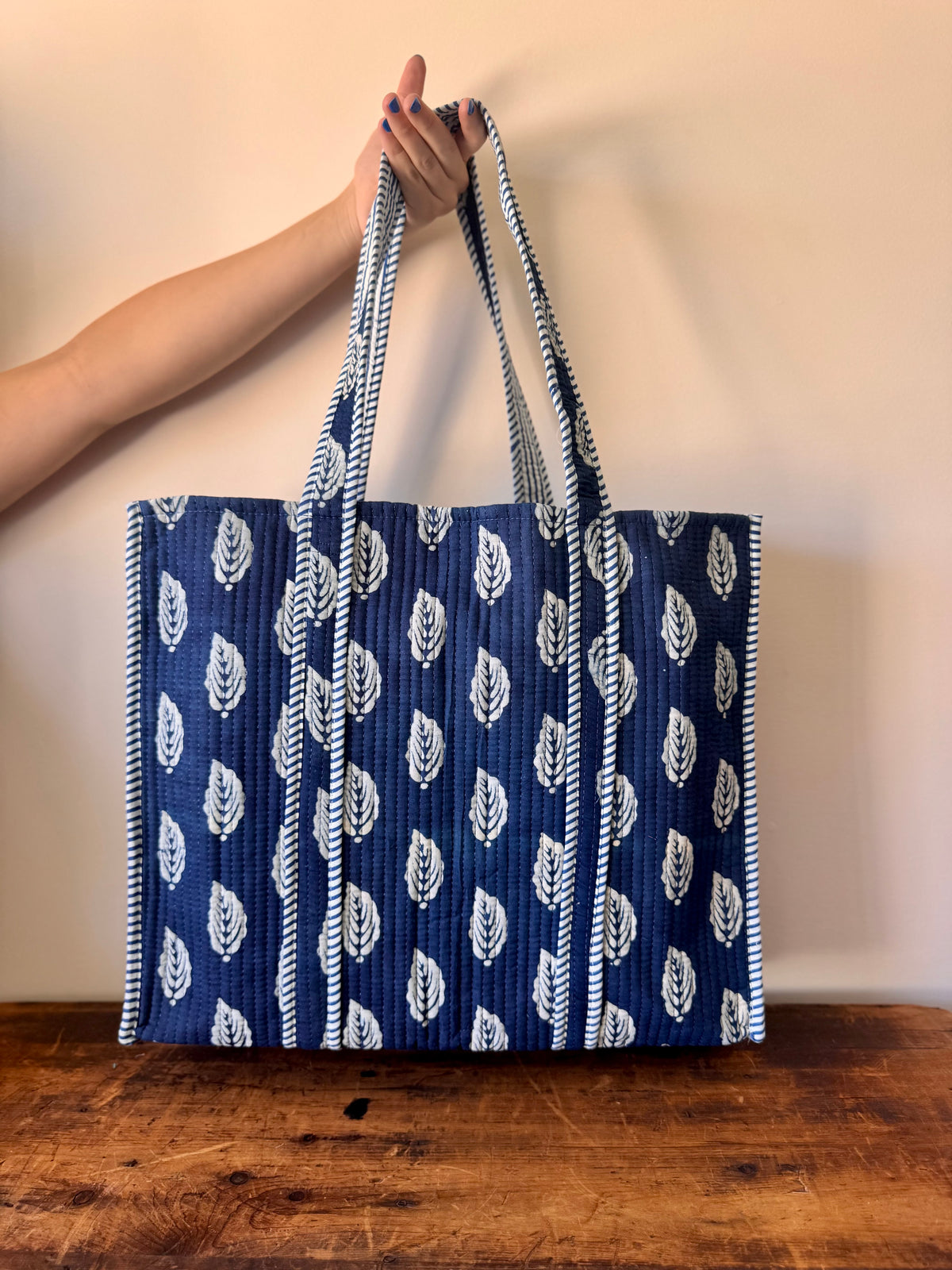 Block Print Cotton Tote Bag – Indigo Leaves