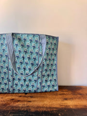 Block Print Cotton Tote Bag – Turquoise Floral