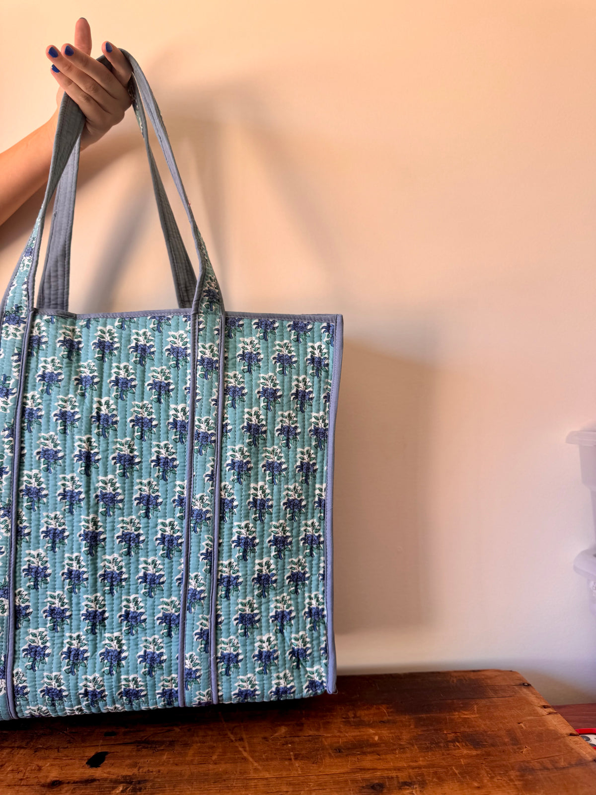 Block Print Cotton Tote Bag – Turquoise Floral