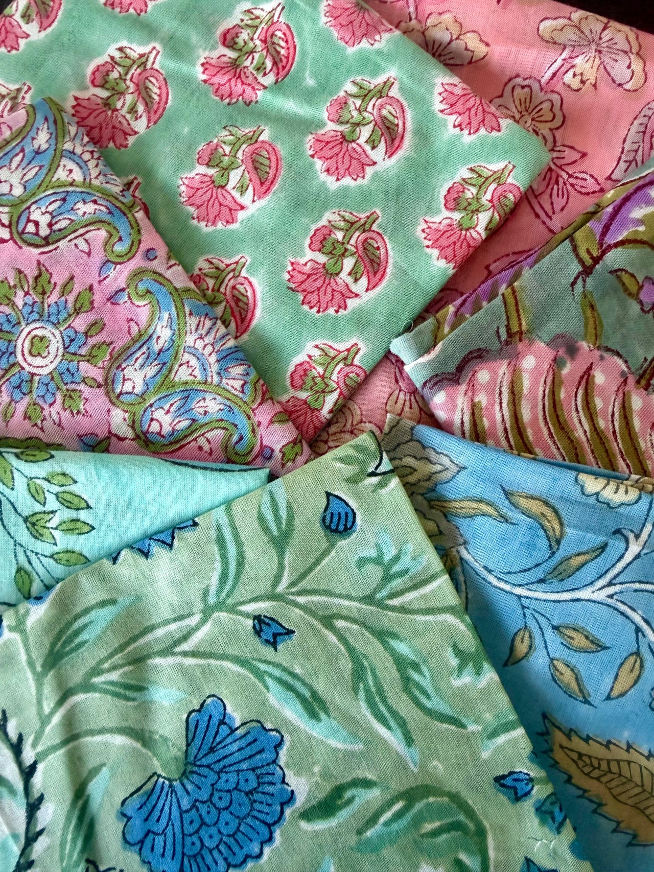 100% Cotton Block Print Fat Quarters - Turquoise Floral